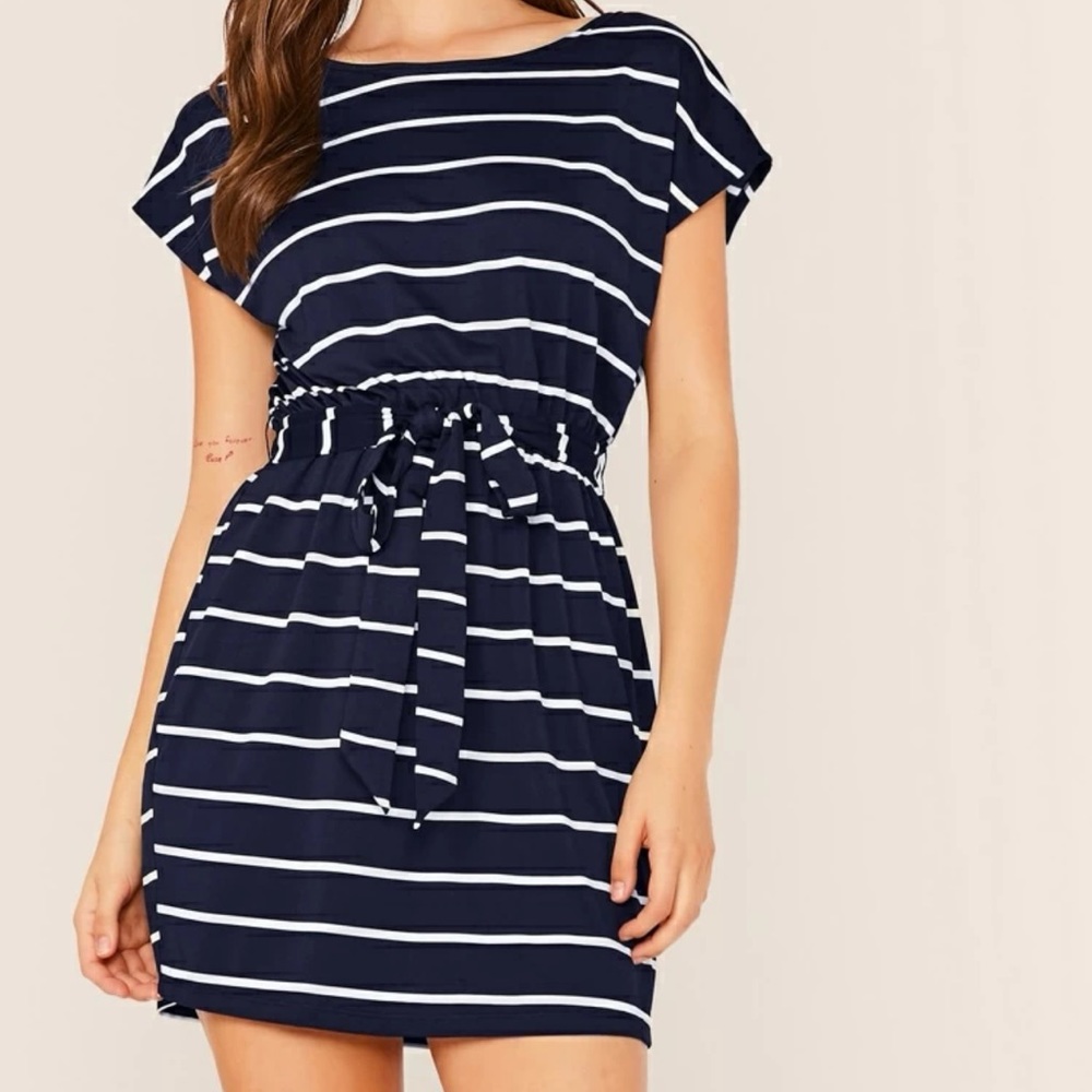 Batwing Sleeve Self Belted Striped Dress